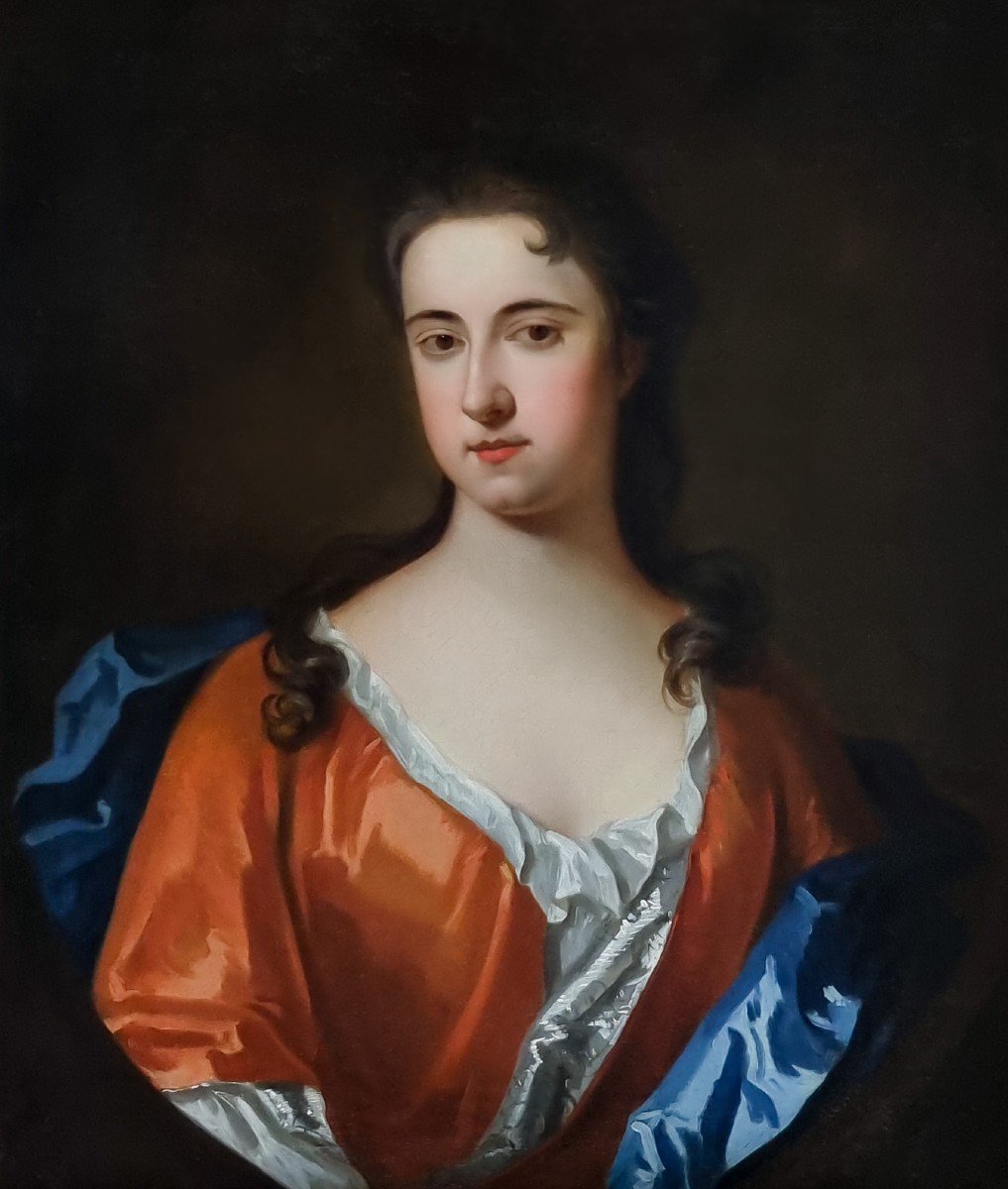 Portrait d'Une Dame En Robe De Soie Rouge Vers 1710, Huile Sur Toile, Beau Cadre Doré-photo-3