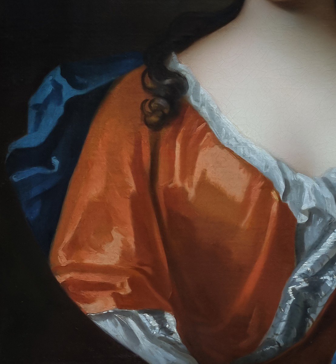 Portrait d'Une Dame En Robe De Soie Rouge Vers 1710, Huile Sur Toile, Beau Cadre Doré-photo-4