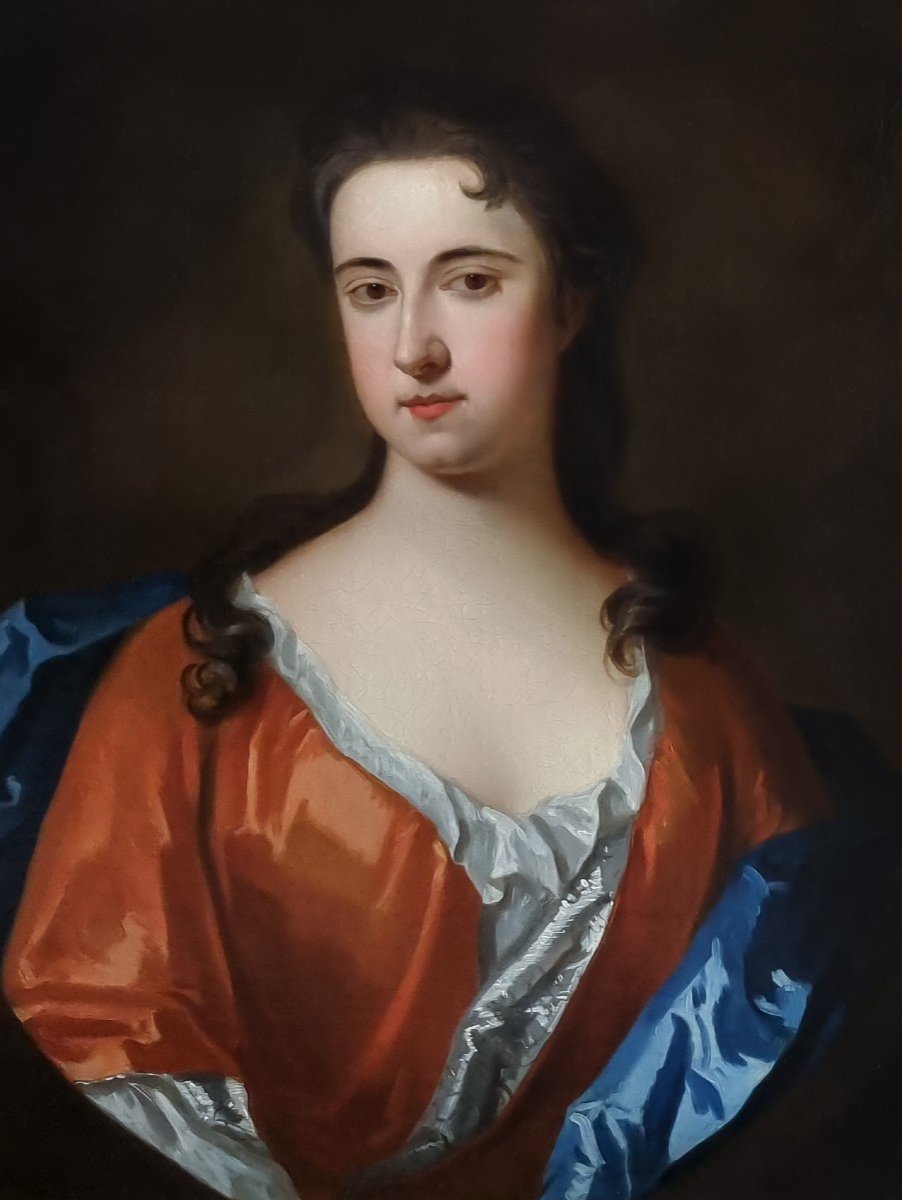 Portrait d'Une Dame En Robe De Soie Rouge Vers 1710, Huile Sur Toile, Beau Cadre Doré-photo-1