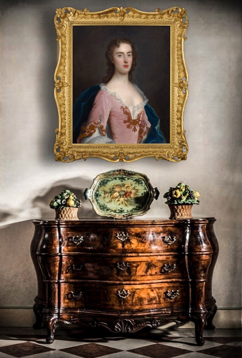 Portrait d'Une Dame, Jane Wood C.1750, Huile Sur Toile, Cadre Finement Sculpté Et Doré-photo-2