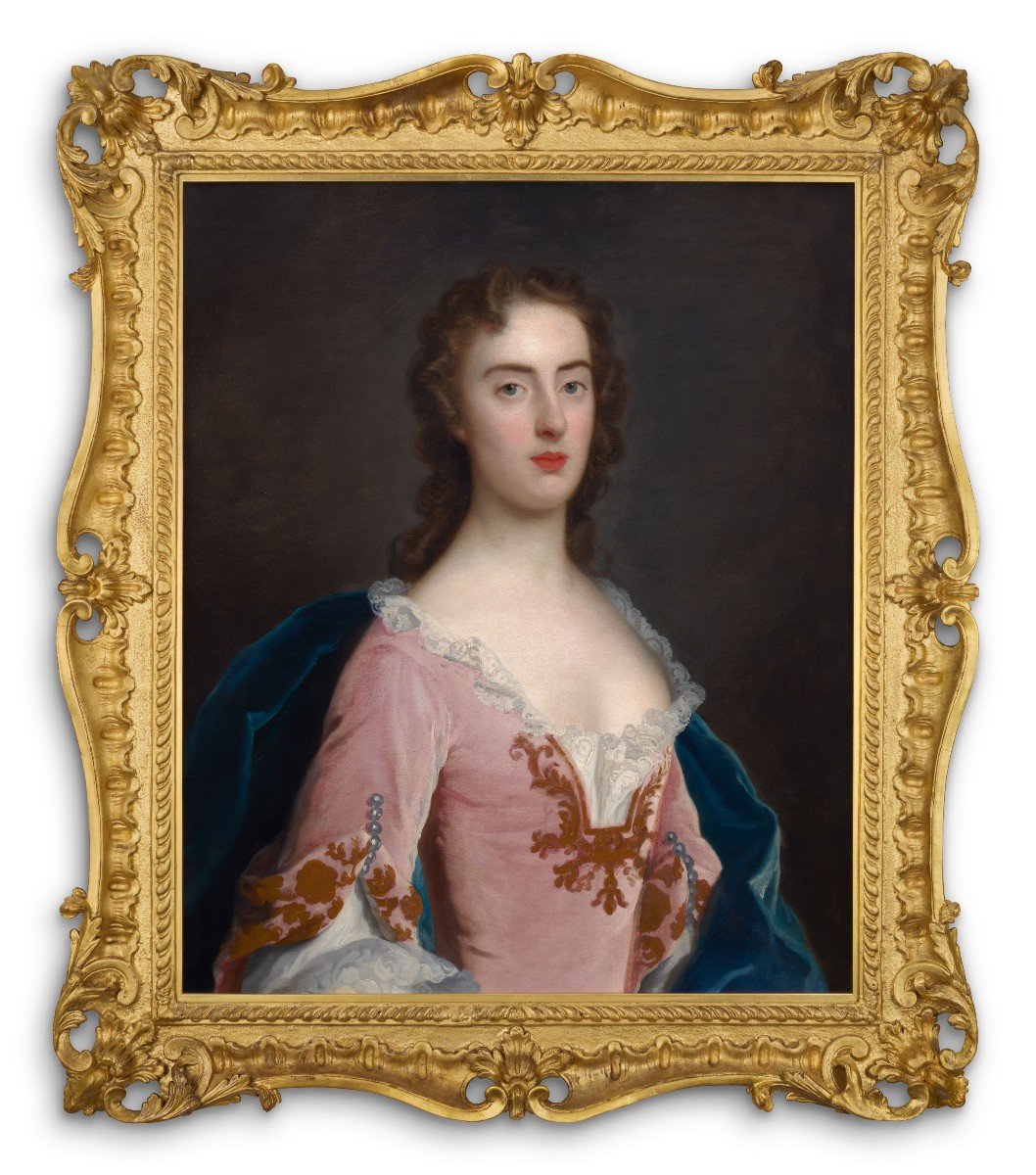 Portrait d'Une Dame, Jane Wood C.1750, Huile Sur Toile, Cadre Finement Sculpté Et Doré