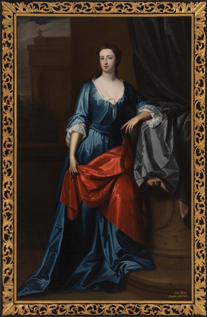 Portrait Of A Lady Standing On A Porch, Full Length, Aristocratic Provenance, Oil Painting