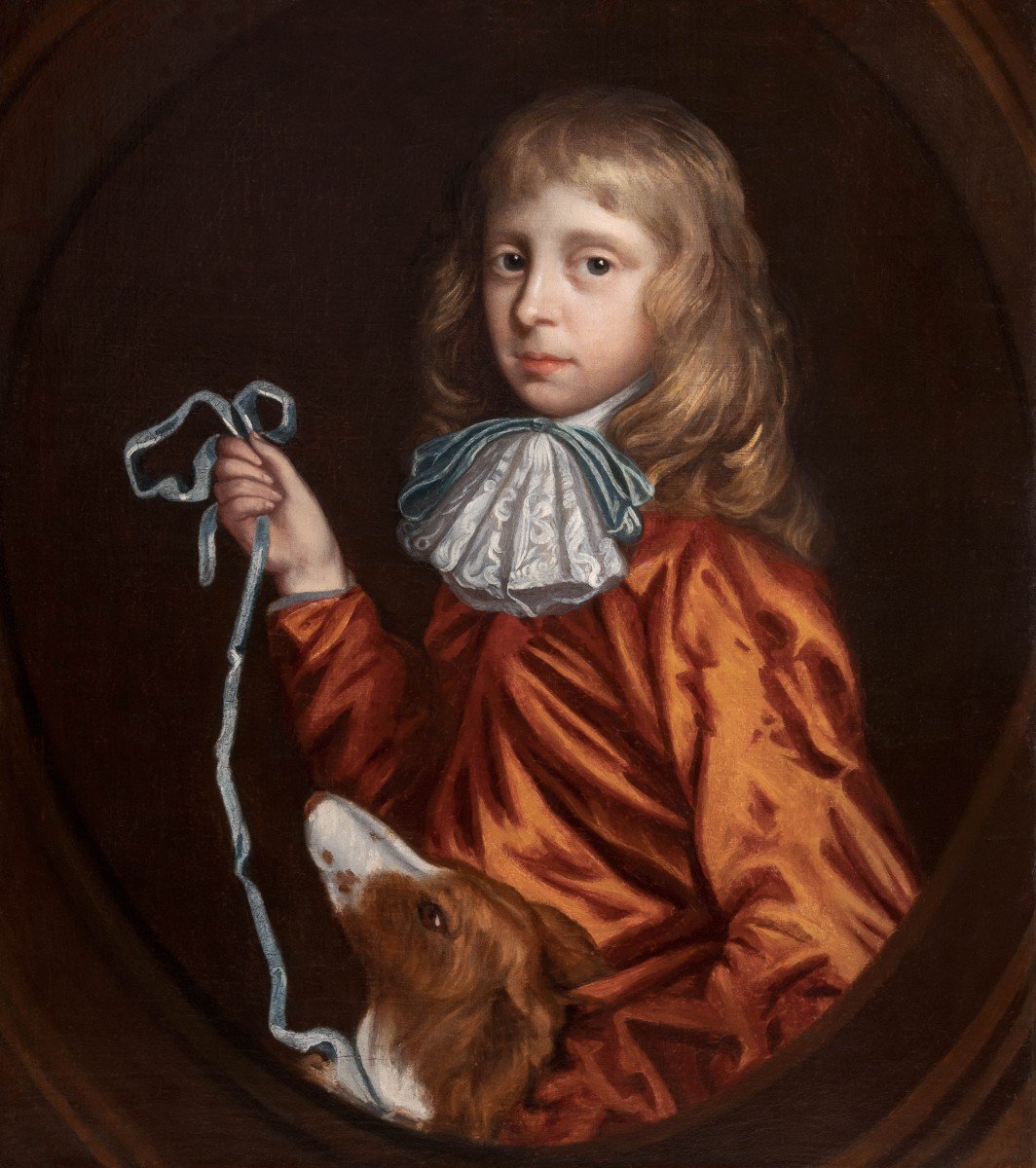 Portrait Of A Young Gentleman & Dog Vers 1680, Antique Oil On Canvas Painting, Mary Beale-photo-3