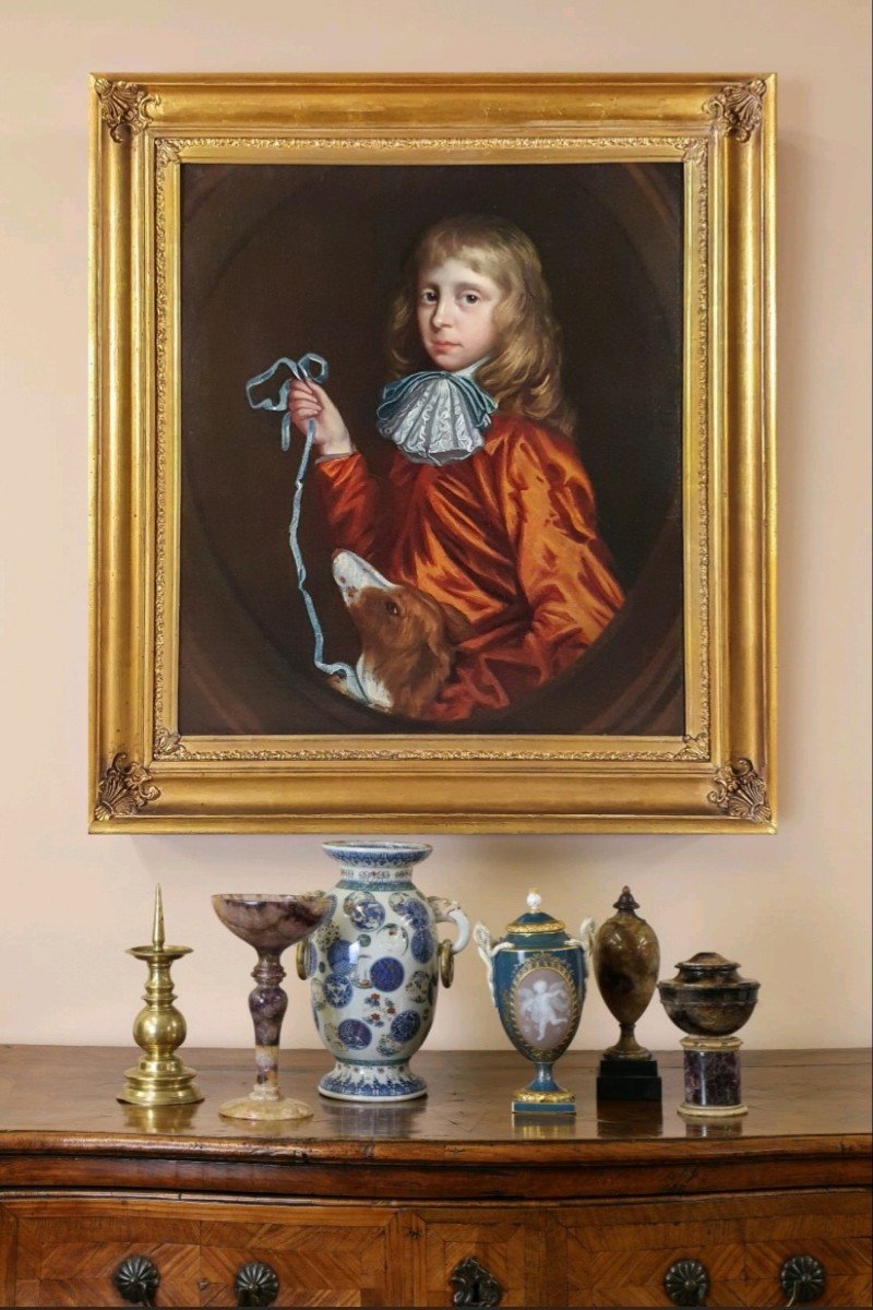 Portrait Of A Young Gentleman & Dog Vers 1680, Antique Oil On Canvas Painting, Mary Beale