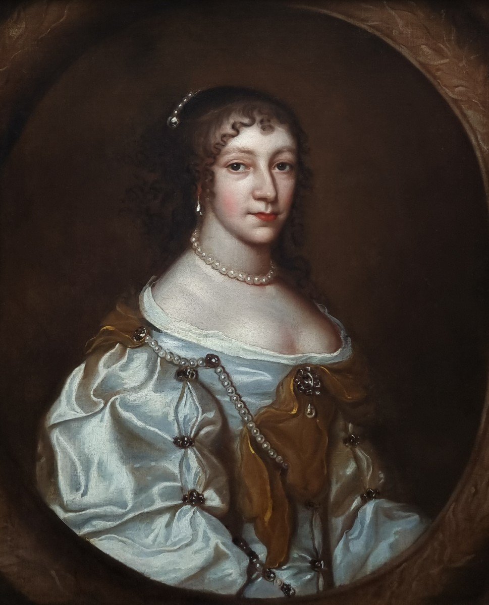 Portrait Of A Lady In A Silk Dress With Pearls C.1660, Antique Oil On Canvas Painting-photo-2