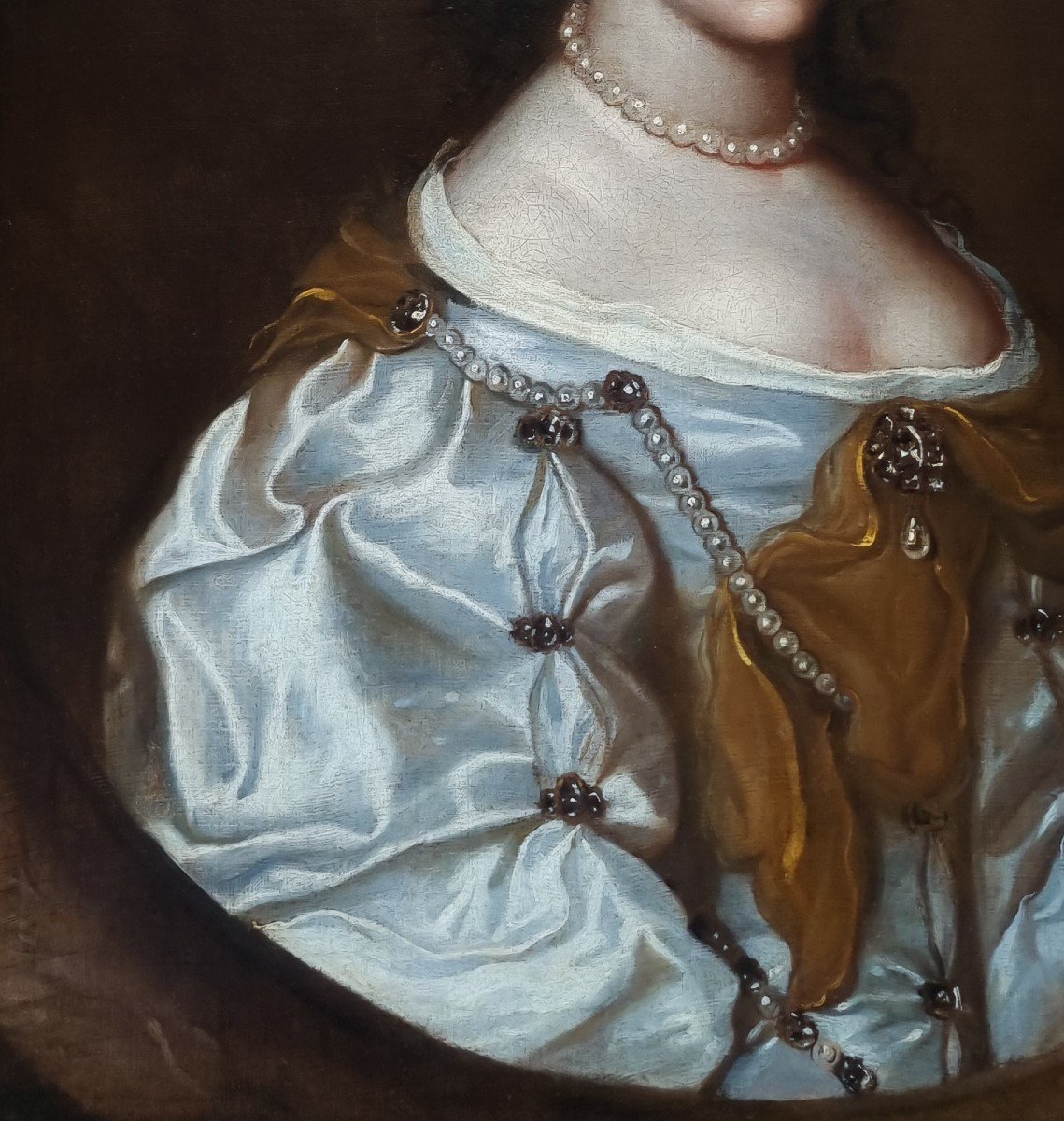 Portrait Of A Lady In A Silk Dress With Pearls C.1660, Antique Oil On Canvas Painting-photo-4