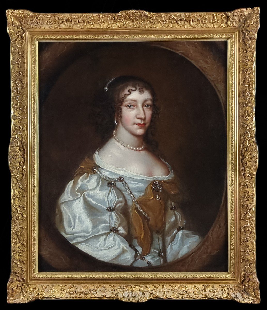 Portrait Of A Lady In A Silk Dress With Pearls C.1660, Antique Oil On Canvas Painting