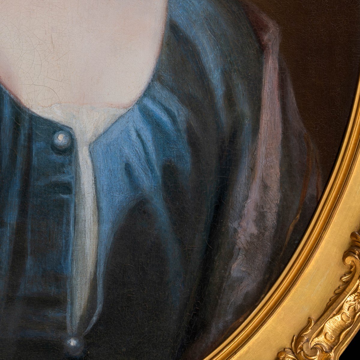 Portrait Of A Young Woman In A Blue Silk Dress Cc.1720, Elaborate Frame, Oil On Canvas Painting-photo-3