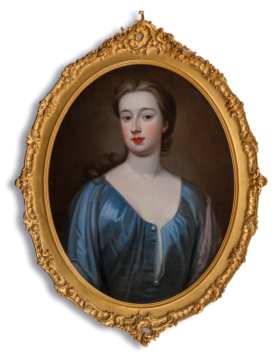 Portrait Of A Young Woman In A Blue Silk Dress Cc.1720, Elaborate Frame, Oil On Canvas Painting