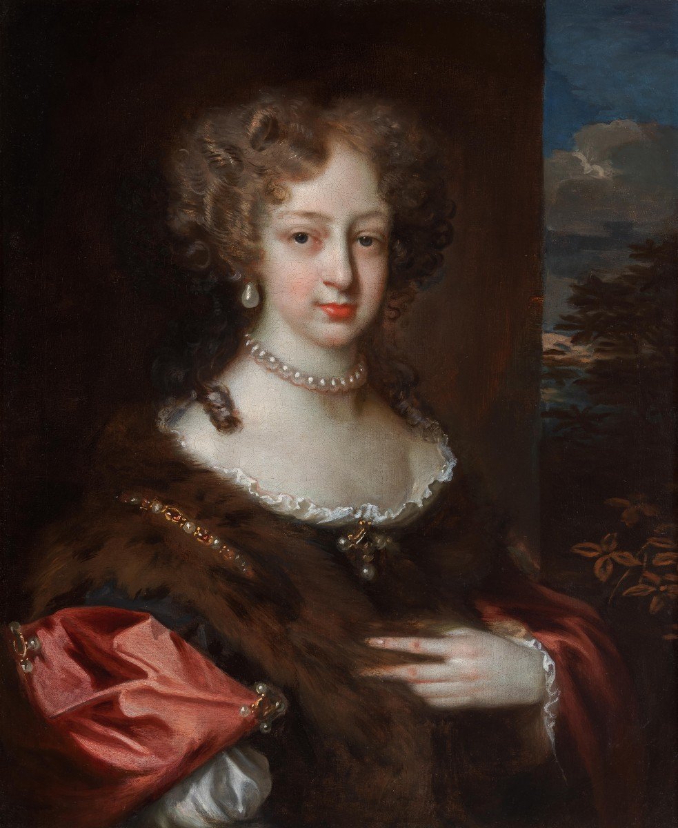 Fine Portrait Of A Lady In A Red Silk Dress With Fur Stole, C.1675, Oil On Canvas Painting-photo-3