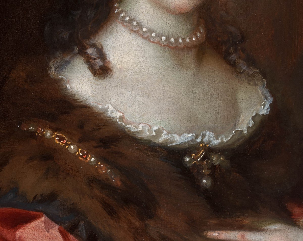 Fine Portrait Of A Lady In A Red Silk Dress With Fur Stole, C.1675, Oil On Canvas Painting-photo-2