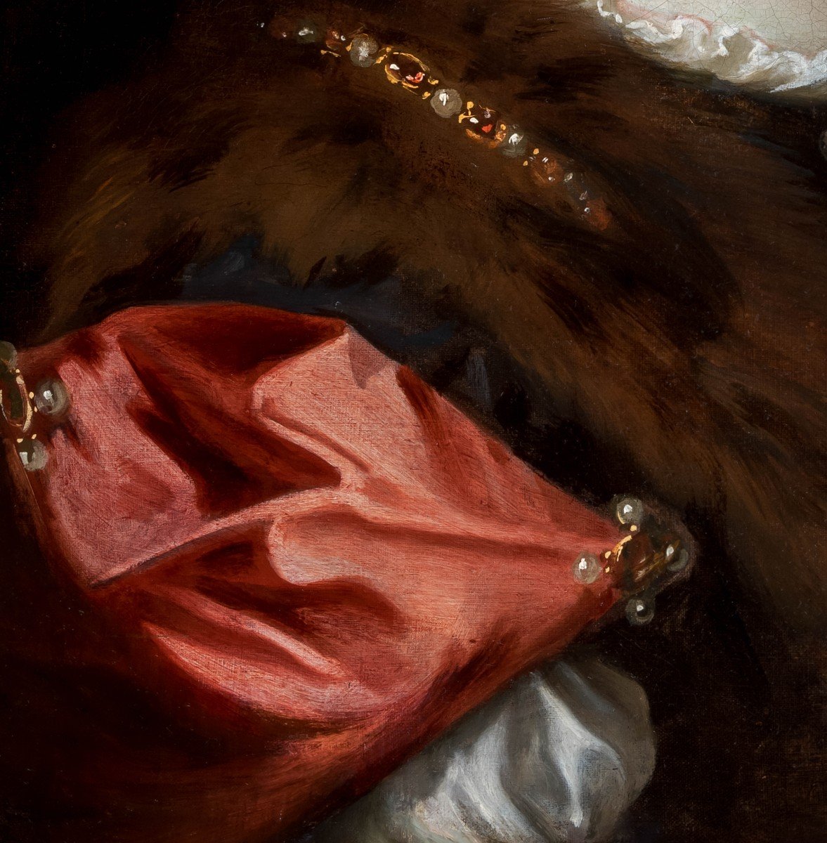 Fine Portrait Of A Lady In A Red Silk Dress With Fur Stole, C.1675, Oil On Canvas Painting-photo-3