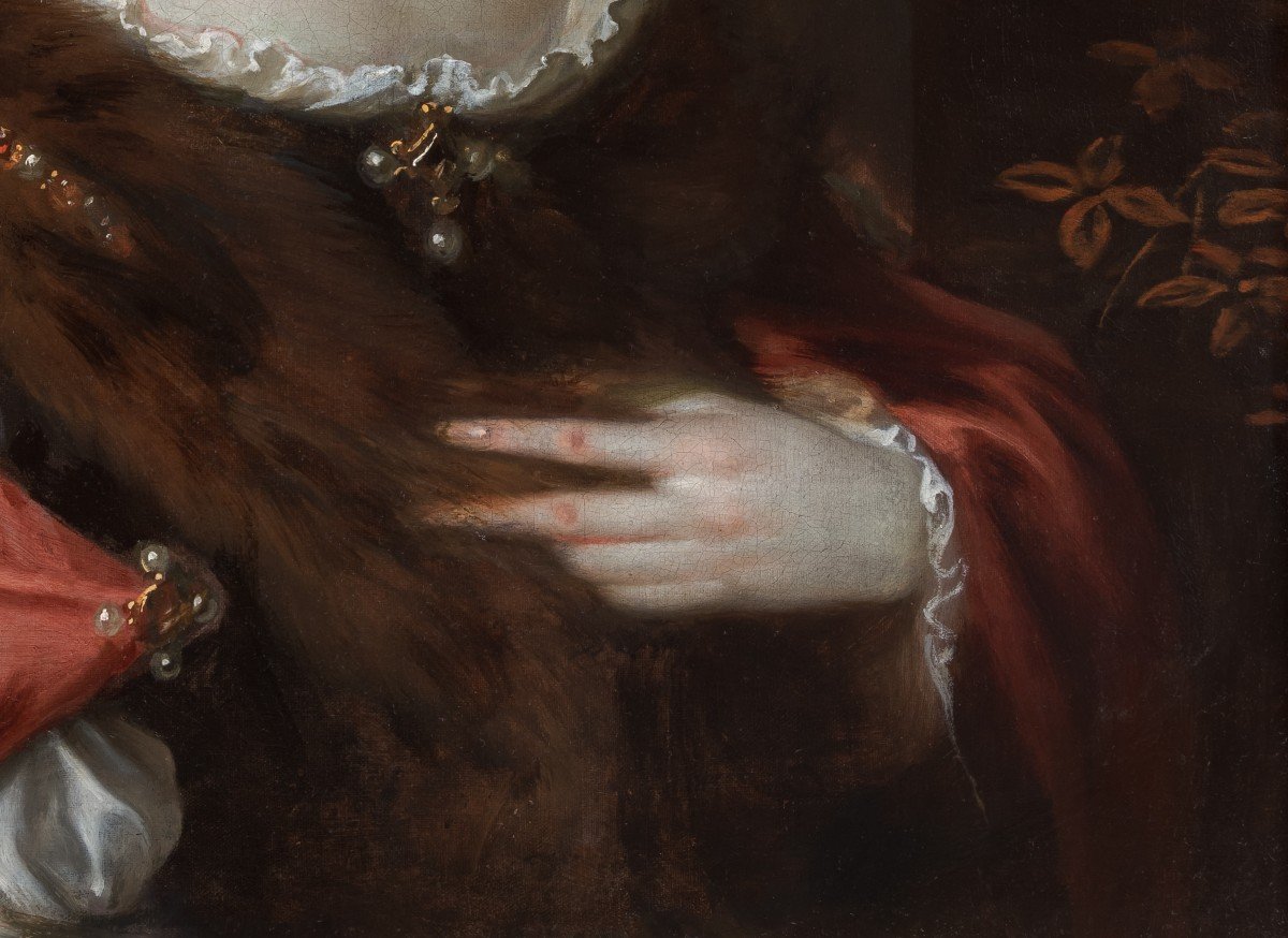 Fine Portrait Of A Lady In A Red Silk Dress With Fur Stole, C.1675, Oil On Canvas Painting-photo-5