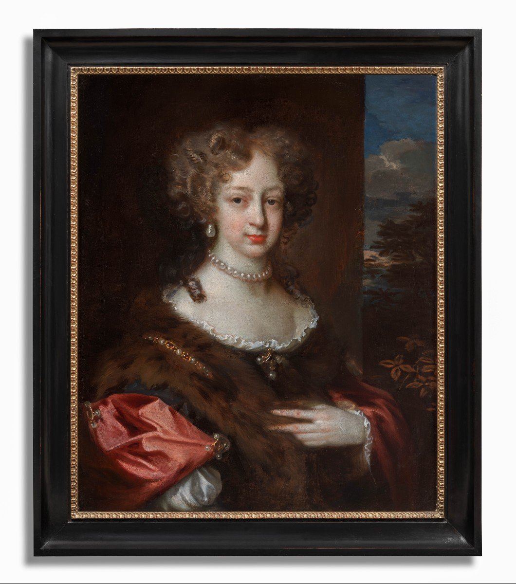 Fine Portrait Of A Lady In A Red Silk Dress With Fur Stole, C.1675, Oil On Canvas Painting