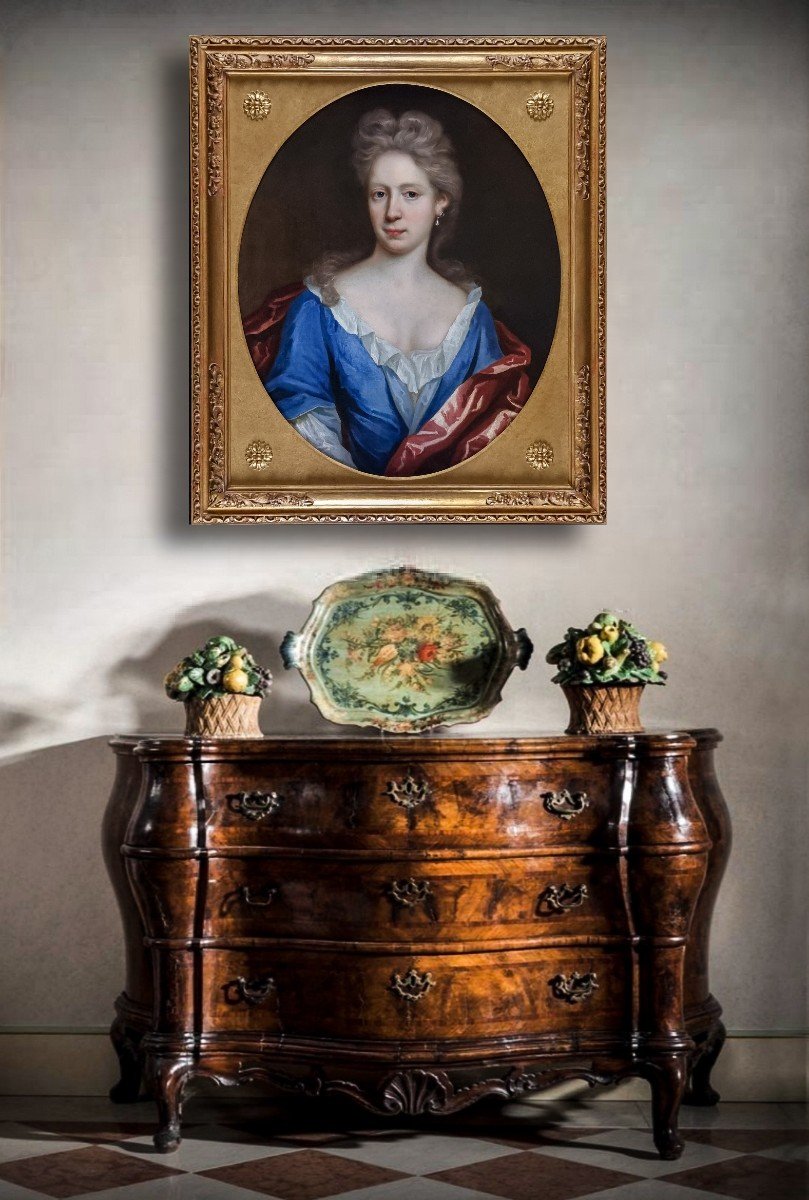 Portrait Of A Lady In A Blue Dress And Red Mantle C.1695, Oil On Canvas Painting-photo-2