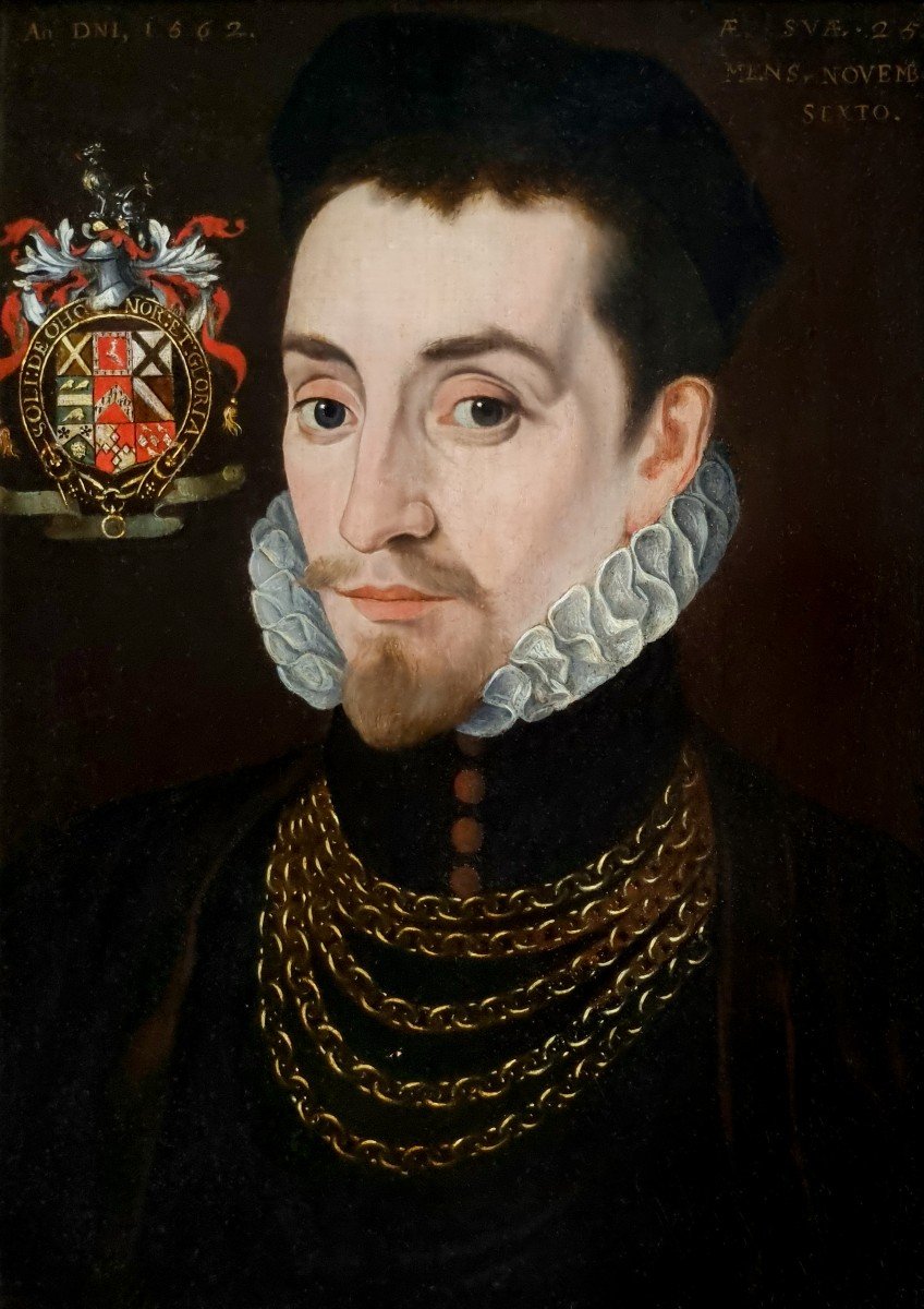 Portrait Of An Elizabethan Gentleman, Edmund Huddleston, Dated 1562, Oil On Panel Painting-photo-3