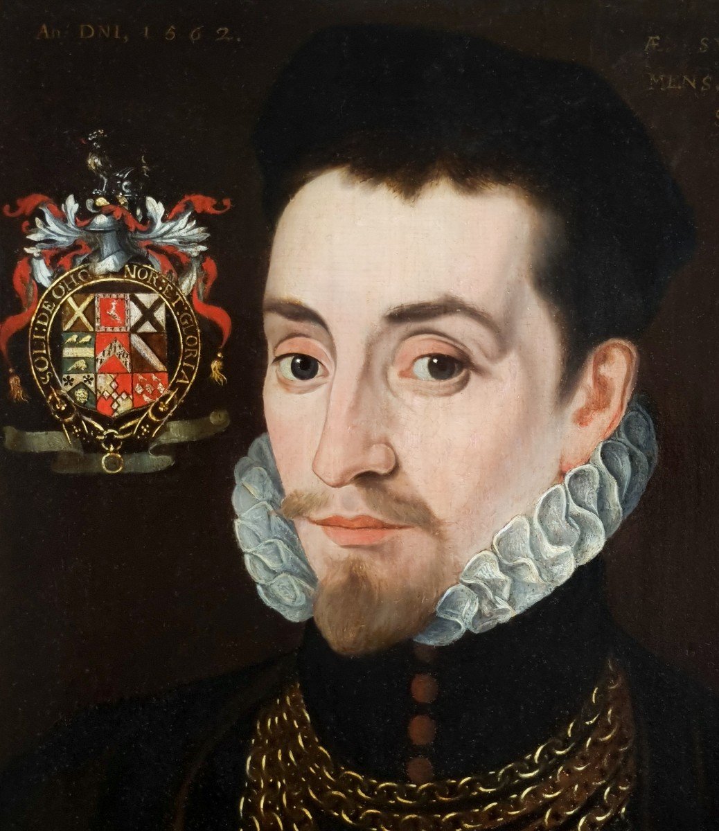 Portrait Of An Elizabethan Gentleman, Edmund Huddleston, Dated 1562, Oil On Panel Painting-photo-4