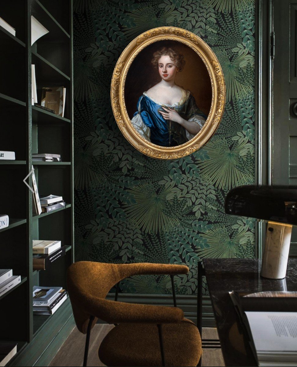 Portrait De Jeune Femme à La Robe Bleue Et Au Foulard En Soie Vers 1675, Huile Sur Toile-photo-2