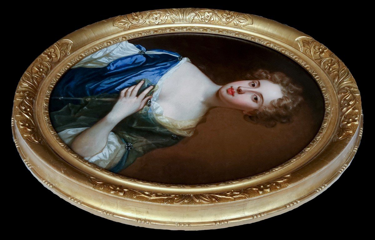 Portrait De Jeune Femme à La Robe Bleue Et Au Foulard En Soie Vers 1675, Huile Sur Toile-photo-3