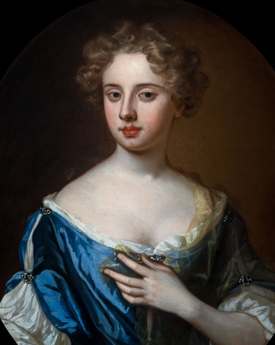 Portrait De Jeune Femme à La Robe Bleue Et Au Foulard En Soie Vers 1675, Huile Sur Toile-photo-4