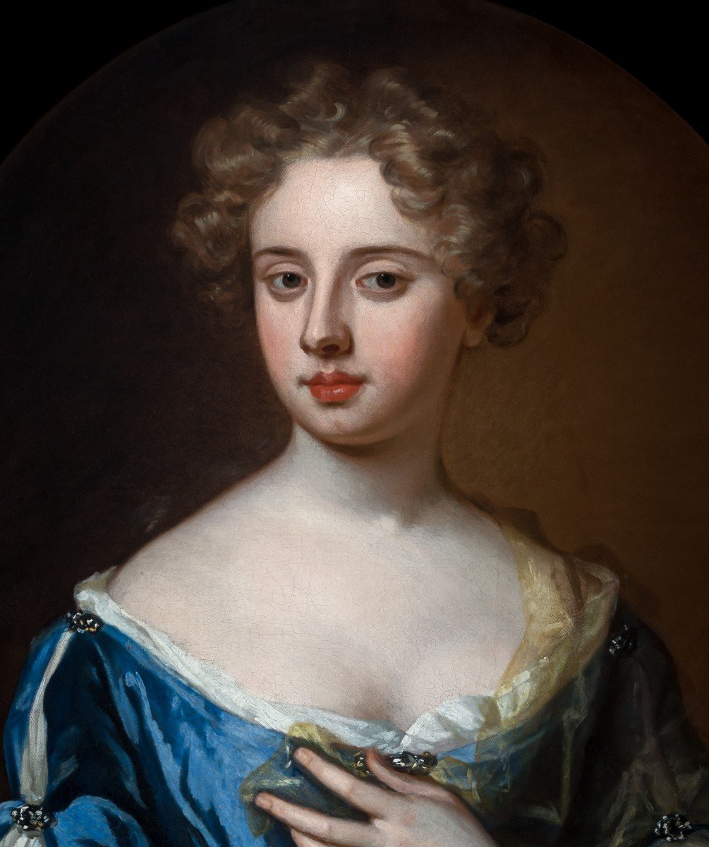 Portrait De Jeune Femme à La Robe Bleue Et Au Foulard En Soie Vers 1675, Huile Sur Toile-photo-2