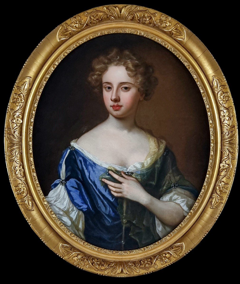 Portrait De Jeune Femme à La Robe Bleue Et Au Foulard En Soie Vers 1675, Huile Sur Toile