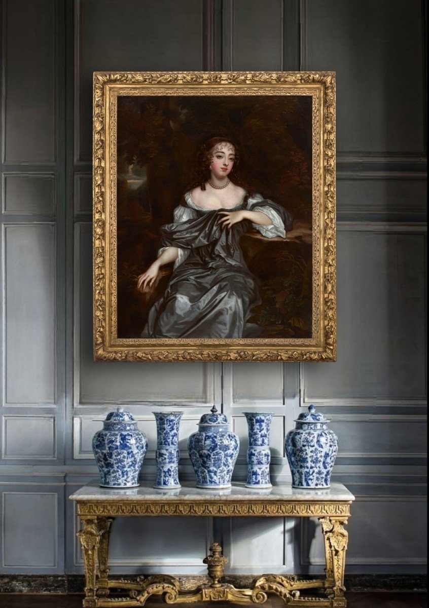 Portrait Frances, Lady Whitmore, 17e Siècle, Beau Cadre Doré Sculpté, Huile Sur Toile