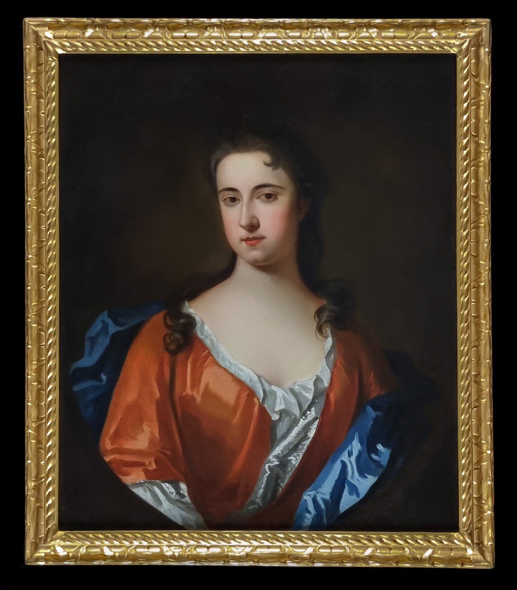 Portrait Of A Lady In Red & White Dress C.1710, Oil On Canvas, Fine Gilded Frame, Michael Dahl