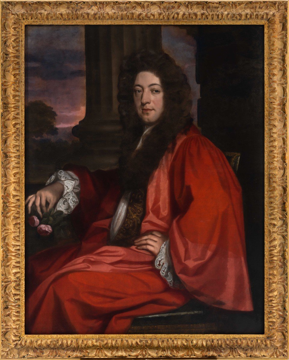 Portrait Of A Gentleman In A Banyan On A Porch  C.1675, Oil On Canvas, Fine Carved Frame