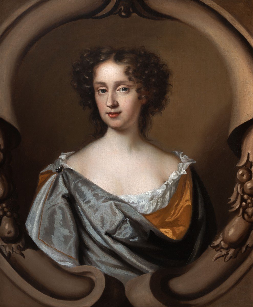 Fine Portrait Of Young Lady With Blue Mantle C.1680, Antique Oil On Canvas Painting, Mary Beale-photo-3