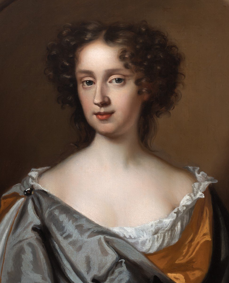 Fine Portrait Of Young Lady With Blue Mantle C.1680, Antique Oil On Canvas Painting, Mary Beale-photo-2