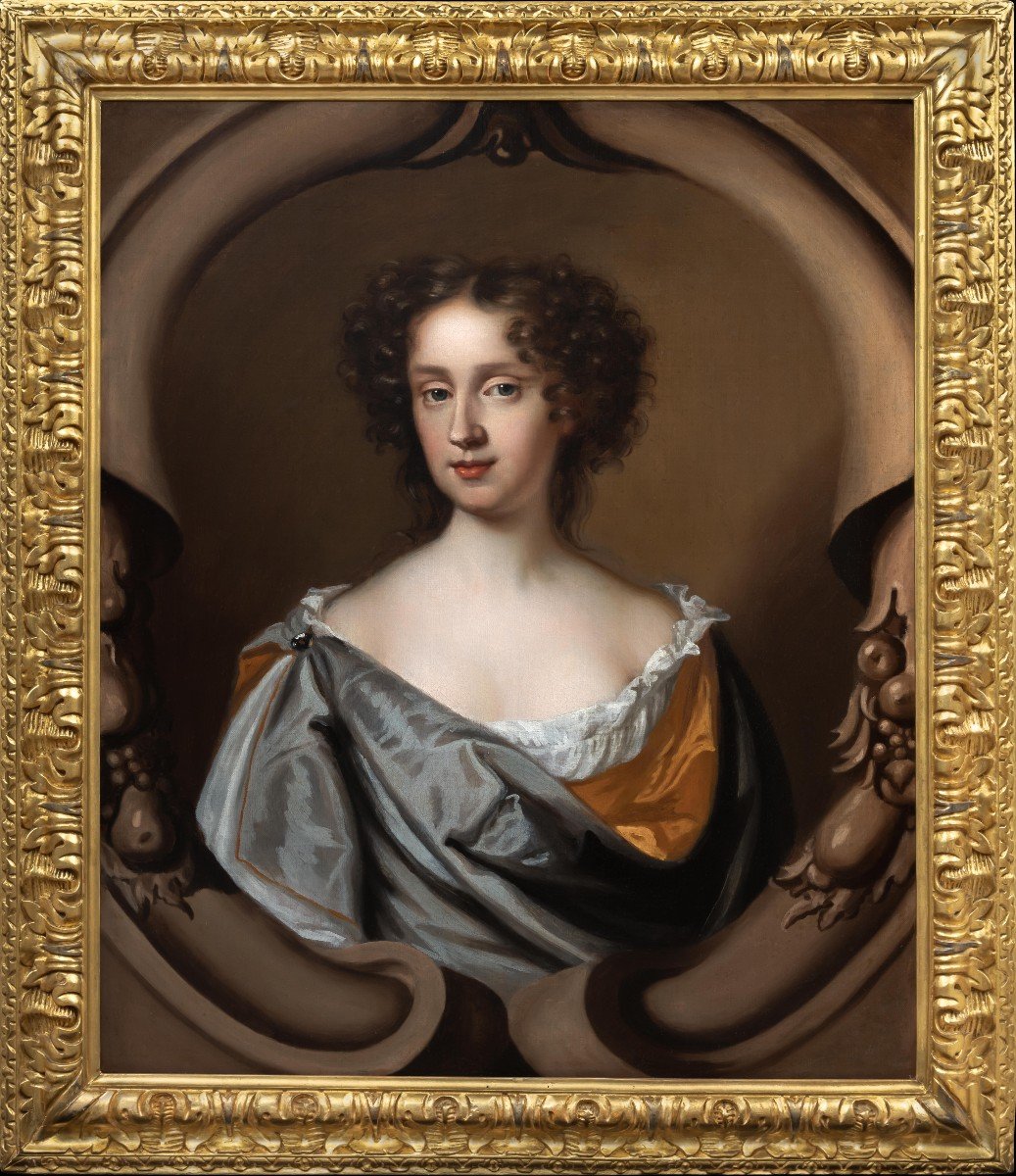 Fine Portrait Of Young Lady With Blue Mantle C.1680, Antique Oil On Canvas Painting, Mary Beale