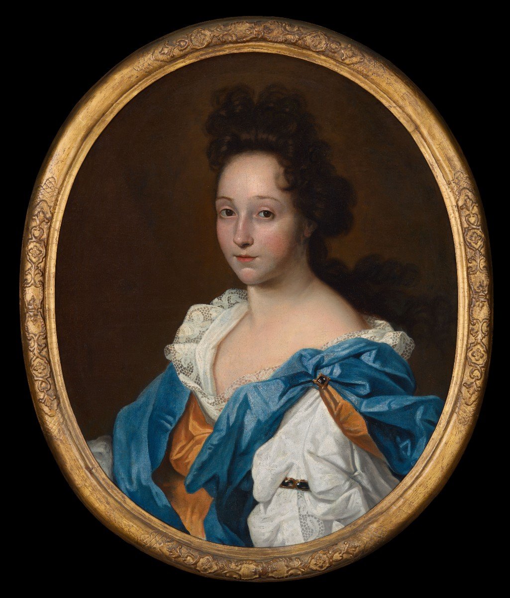 Portrait d'Une Dame En Habit De Soie Blanc, Bleu Et Marron, Vers 1695, Huile Sur Toile