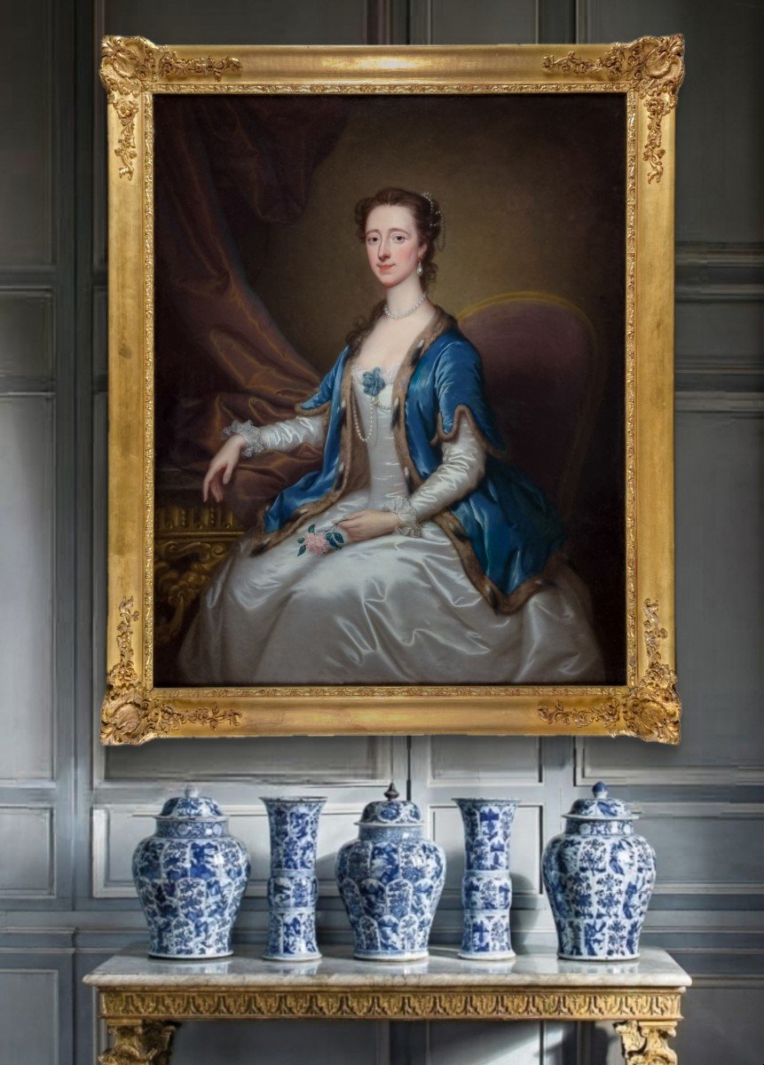 Portrait d'Une Dame, Mme Acton, En Robe Blanche Et Cape Bleue Vers 1740, Signé Thomas Bardwell-photo-2