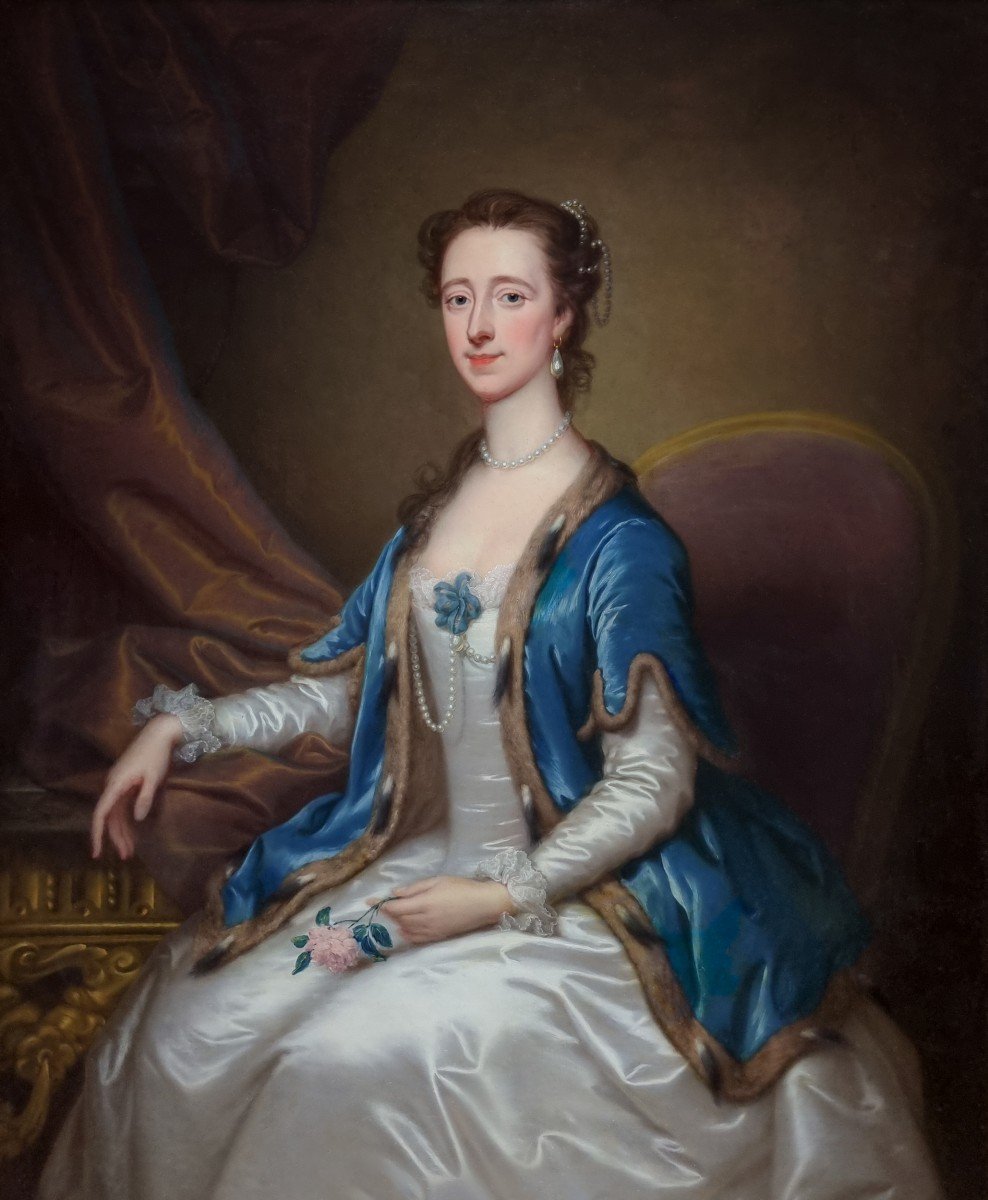 Portrait Of A Lady, Mrs Acton In White Dress & Fur-trimmed Cape C.1740 Signed Thomas Bardwell-photo-4