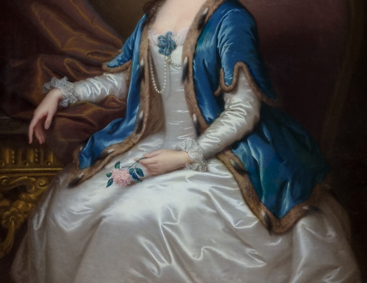 Portrait d'Une Dame, Mme Acton, En Robe Blanche Et Cape Bleue Vers 1740, Signé Thomas Bardwell-photo-2