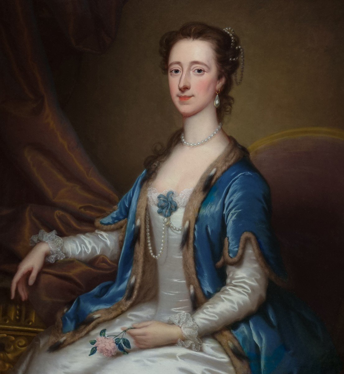 Portrait d'Une Dame, Mme Acton, En Robe Blanche Et Cape Bleue Vers 1740, Signé Thomas Bardwell-photo-5