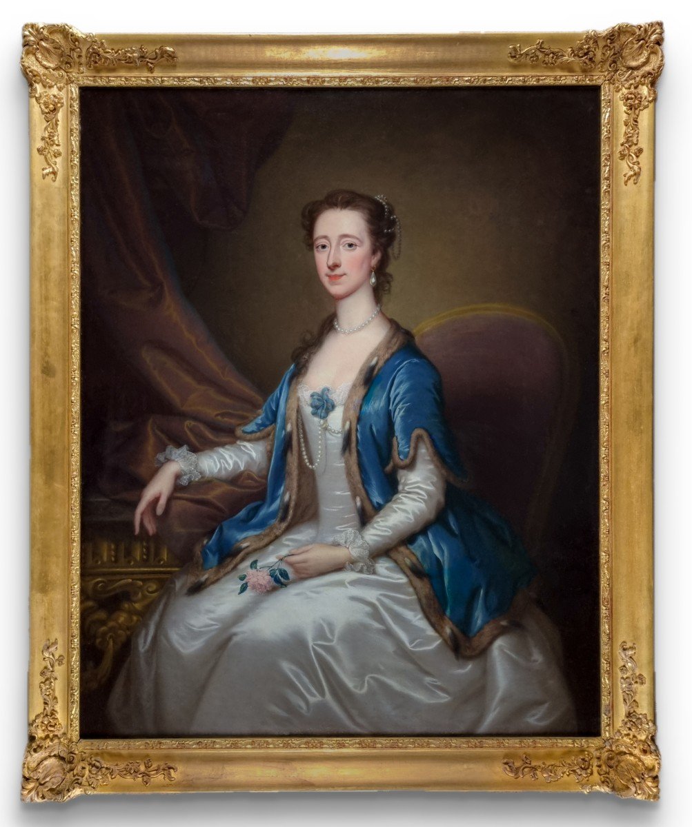 Portrait d'Une Dame, Mme Acton, En Robe Blanche Et Cape Bleue Vers 1740, Signé Thomas Bardwell