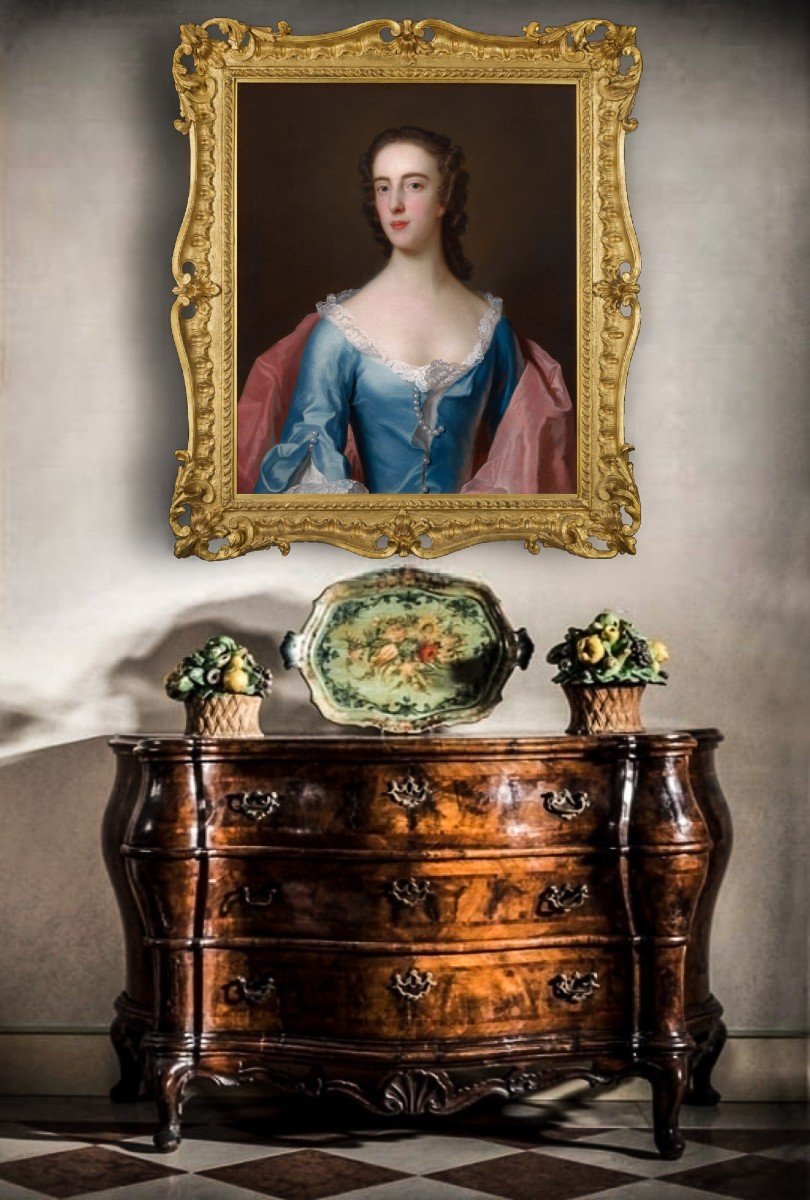 Portrait d'Une Dame, Dorothy Wood Vers 1750, Peinture à l'Huile, Cadre Doré Finement Sculpté-photo-2