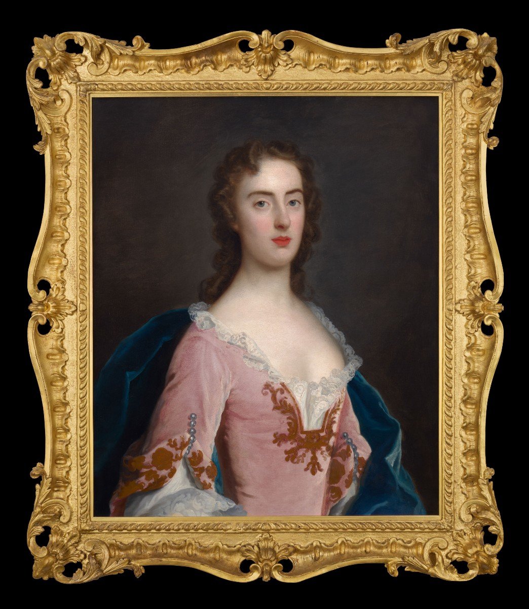 Portrait d'Une Dame, Jane Wood Vers 1750, Huile Sur Toile, Cadre Finement Sculpté Et Doré-photo-3