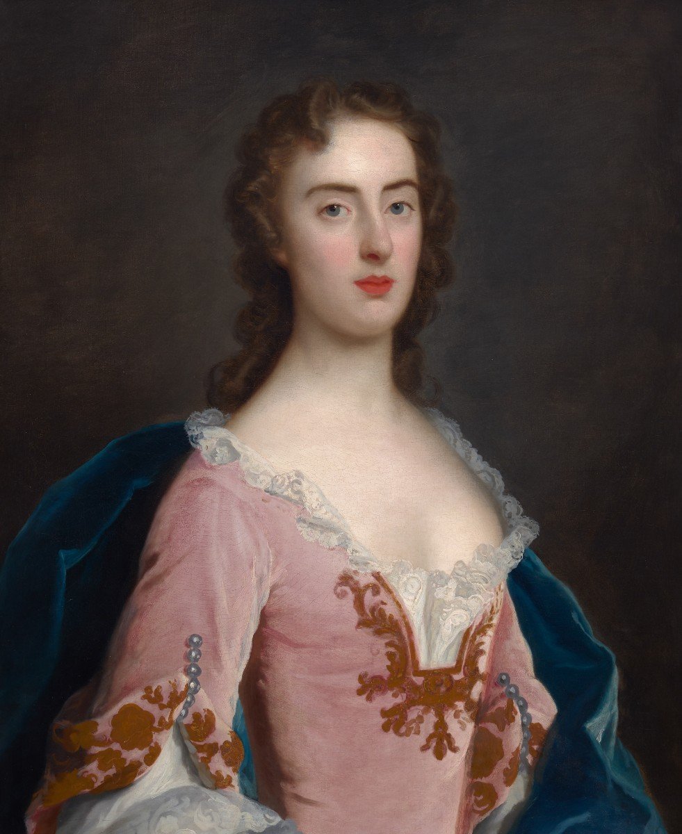 Portrait d'Une Dame, Jane Wood Vers 1750, Huile Sur Toile, Cadre Finement Sculpté Et Doré-photo-4