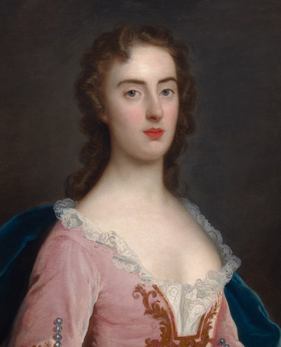 Portrait d'Une Dame, Jane Wood Vers 1750, Huile Sur Toile, Cadre Finement Sculpté Et Doré-photo-2