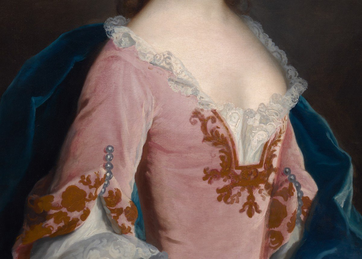 Portrait d'Une Dame, Jane Wood Vers 1750, Huile Sur Toile, Cadre Finement Sculpté Et Doré-photo-4