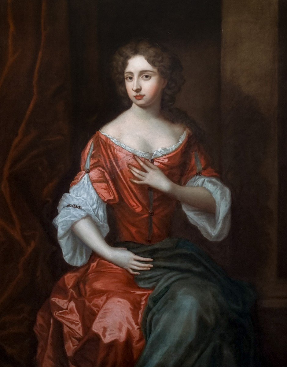 Portrait Of A Lady On A Porch, In A Red Silk Dress C.1680 Oil Painting On Canvas, Provenance-photo-1