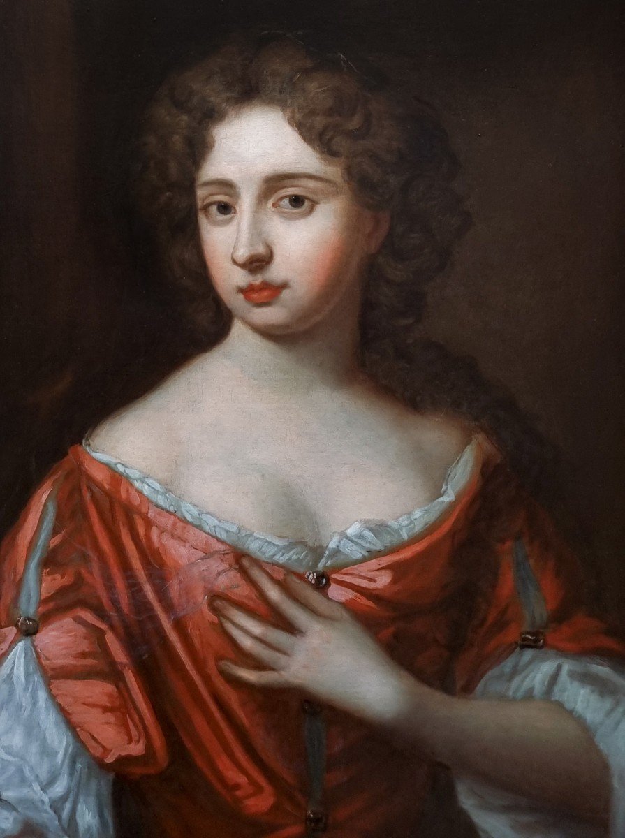 Portrait Of A Lady On A Porch, In A Red Silk Dress C.1680 Oil Painting On Canvas, Provenance-photo-2