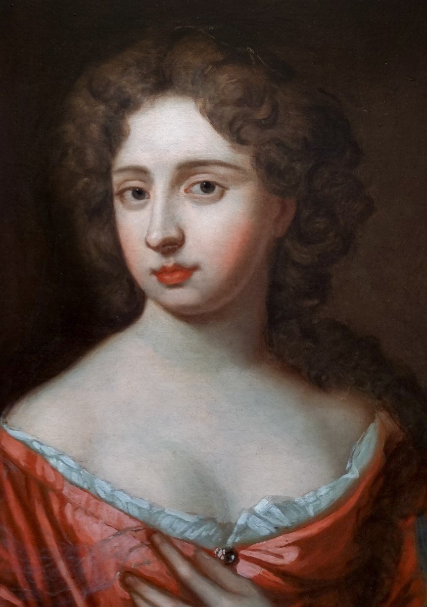 Portrait Of A Lady On A Porch, In A Red Silk Dress C.1680 Oil Painting On Canvas, Provenance-photo-3