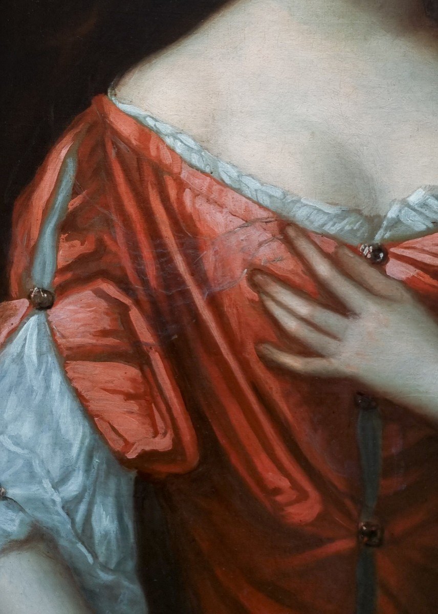 Portrait Of A Lady On A Porch, In A Red Silk Dress C.1680 Oil Painting On Canvas, Provenance-photo-6