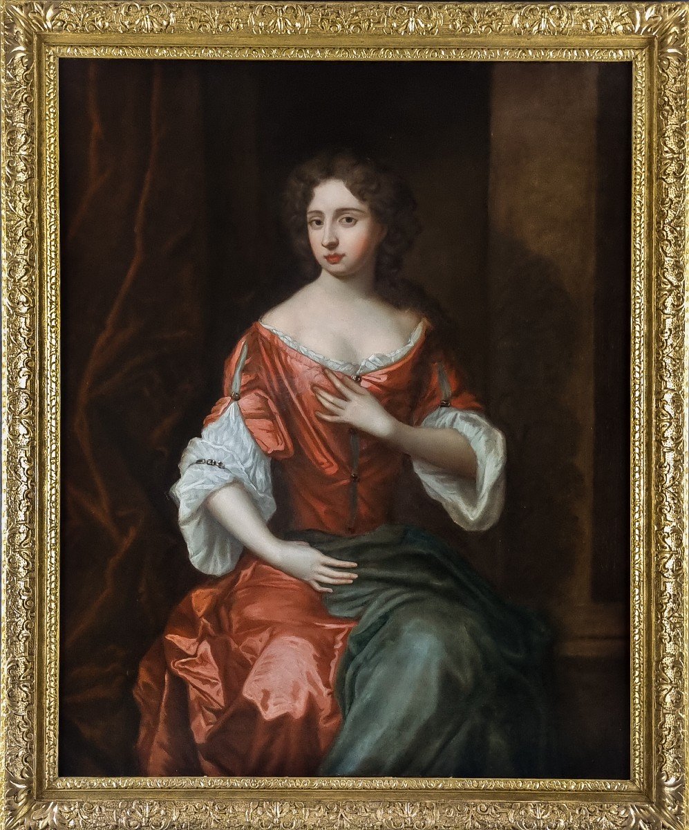 Portrait Of A Lady On A Porch, In A Red Silk Dress C.1680 Oil Painting On Canvas, Provenance