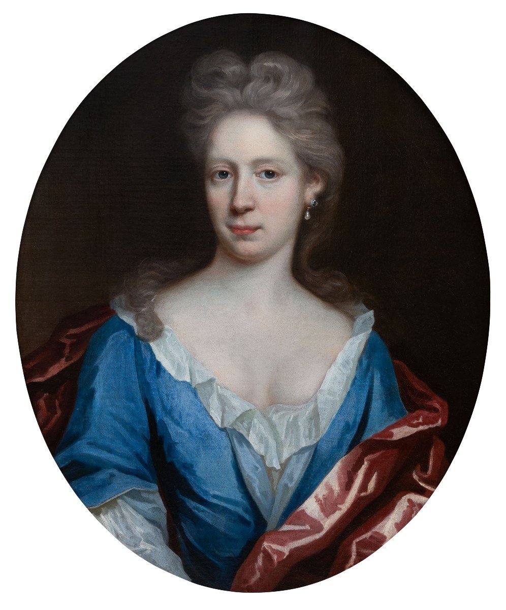 Portrait d'Une Dame En Robe De Soie Bleue Et Manteau Rouge Vers 1695, Peinture à l'Huile-photo-4