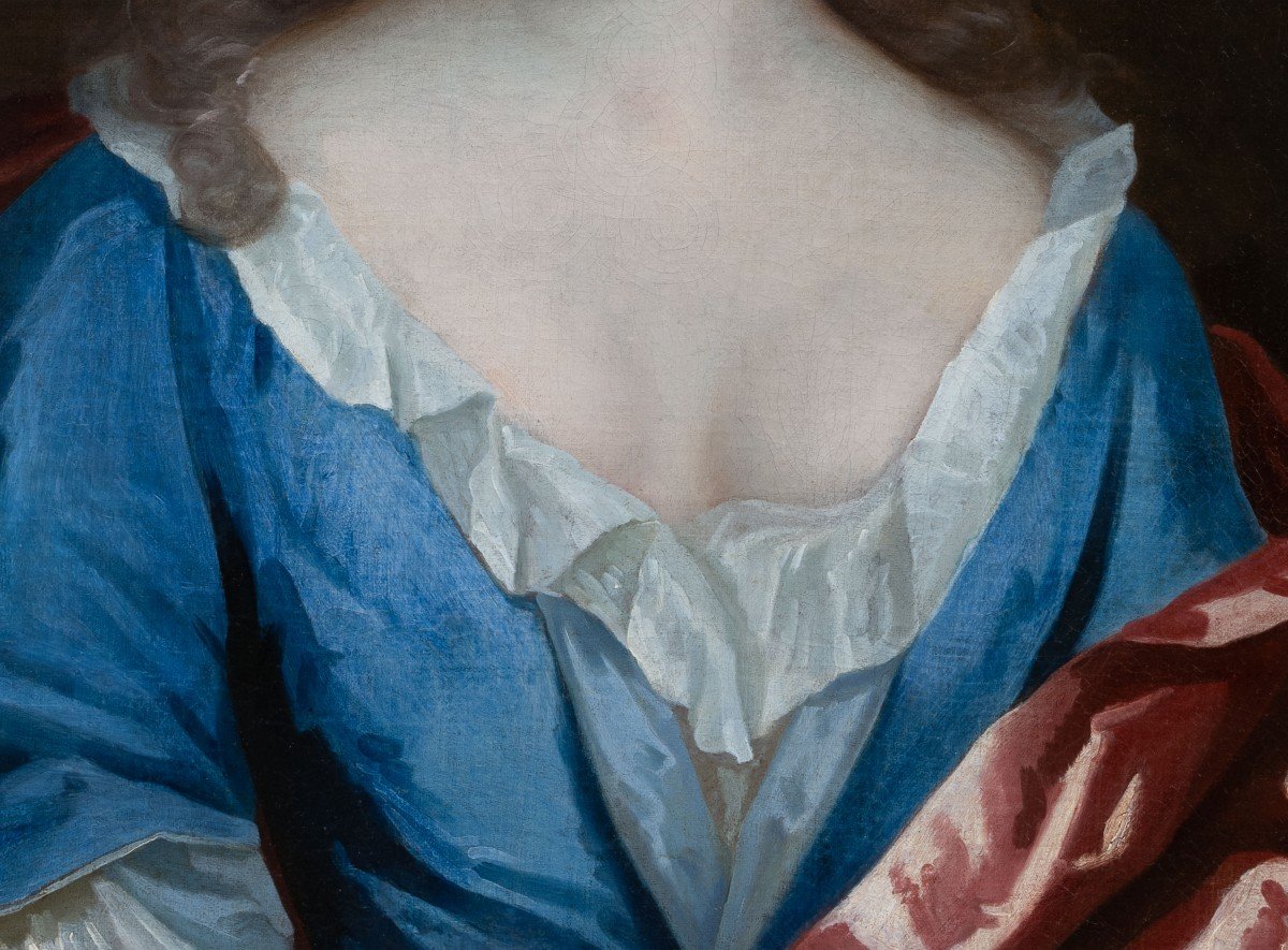 Portrait d'Une Dame En Robe De Soie Bleue Et Manteau Rouge Vers 1695, Peinture à l'Huile-photo-2